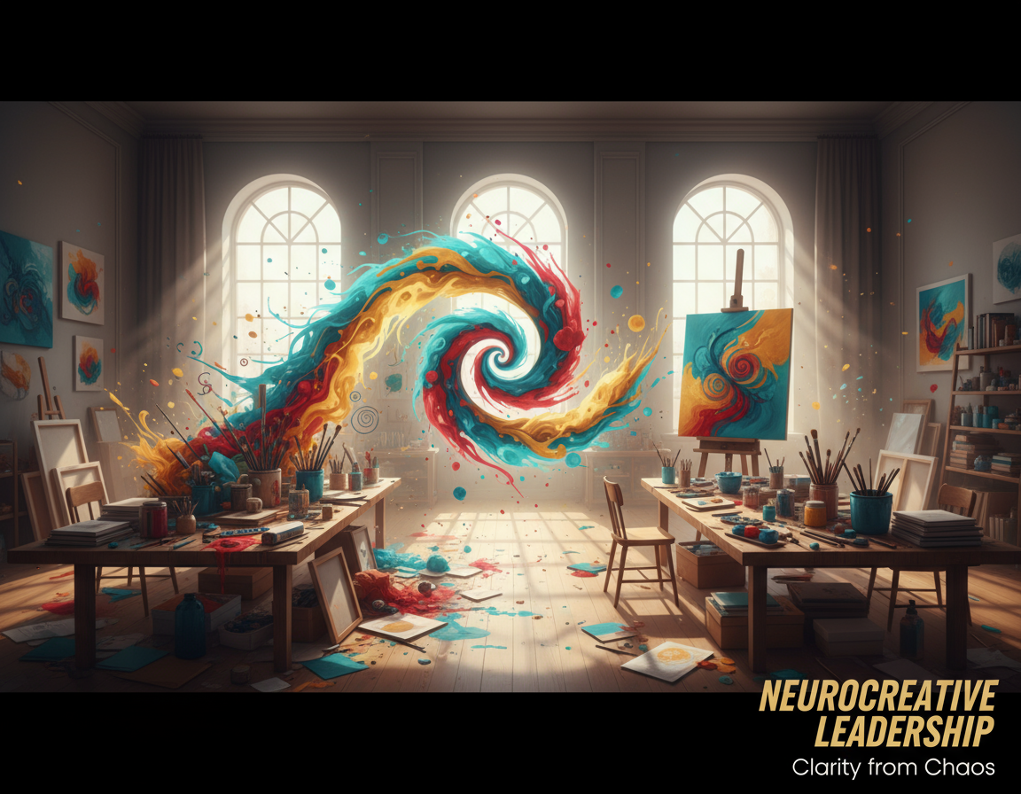 NeuroCreative Leadership — Clarity from Chaos: a swirl of colour rising from an artist's studio