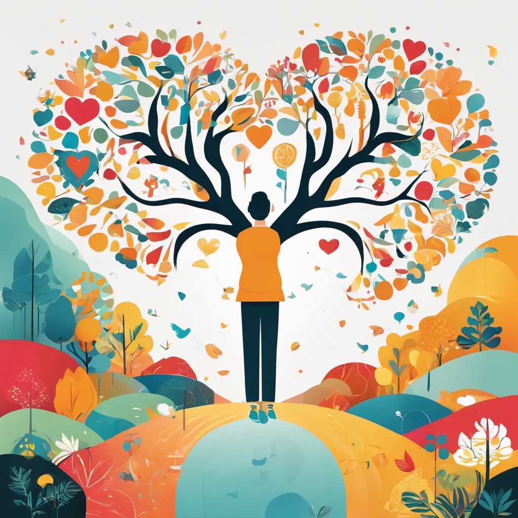 Person before a heart-shaped tree of vivid colour and life