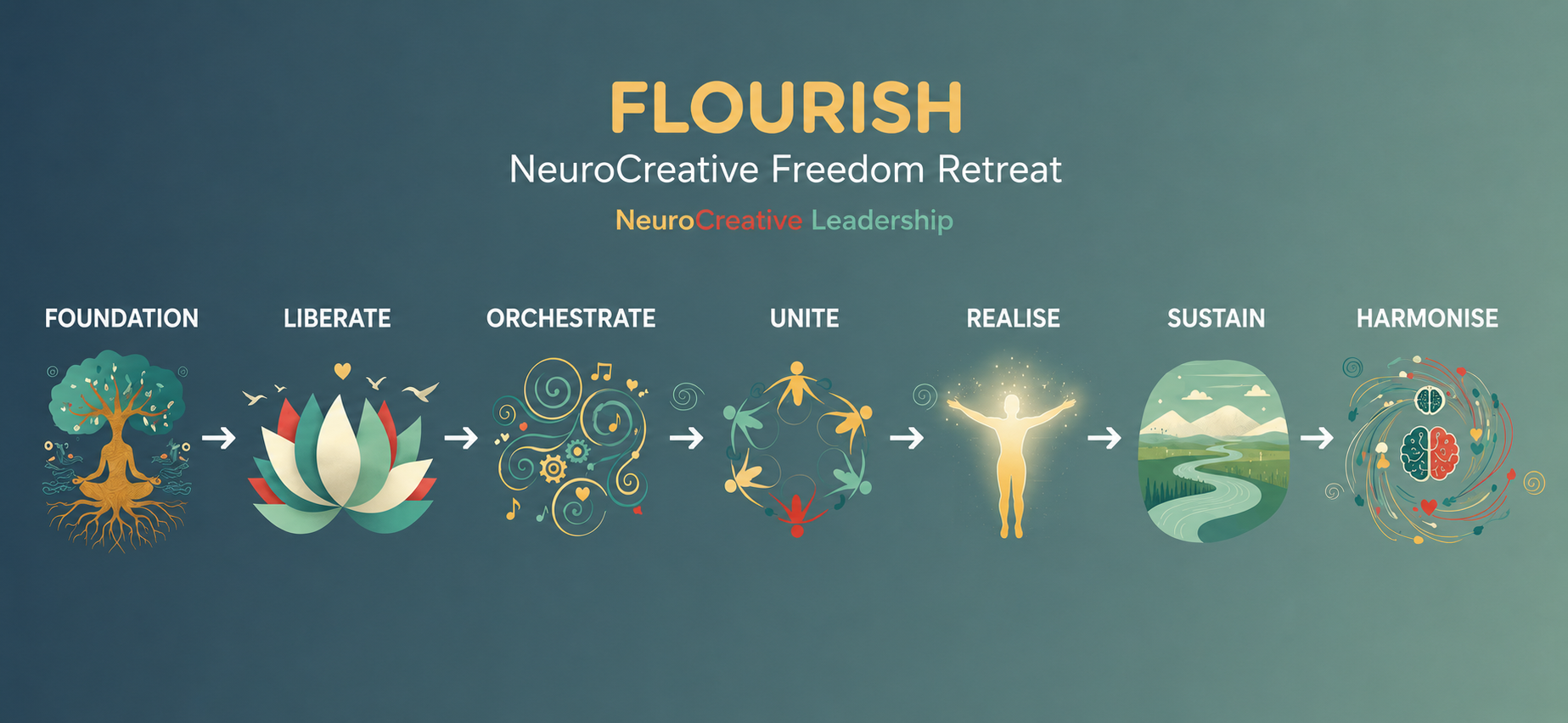 Flourish pathway: Foundation, Liberate, Orchestrate, Unite, Realise, Sustain, Harmonise